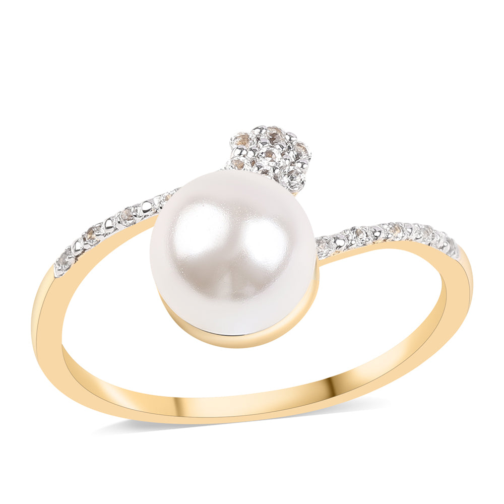 Anillo de Plata Bañada en Oro con Perla blanca de agua dulce y Topacio Blanco 1 