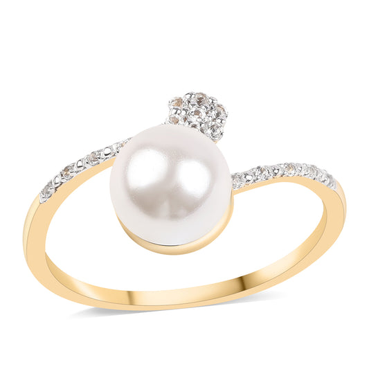 Anillo de Plata Bañada en Oro con Perla blanca de agua dulce y Topacio Blanco
