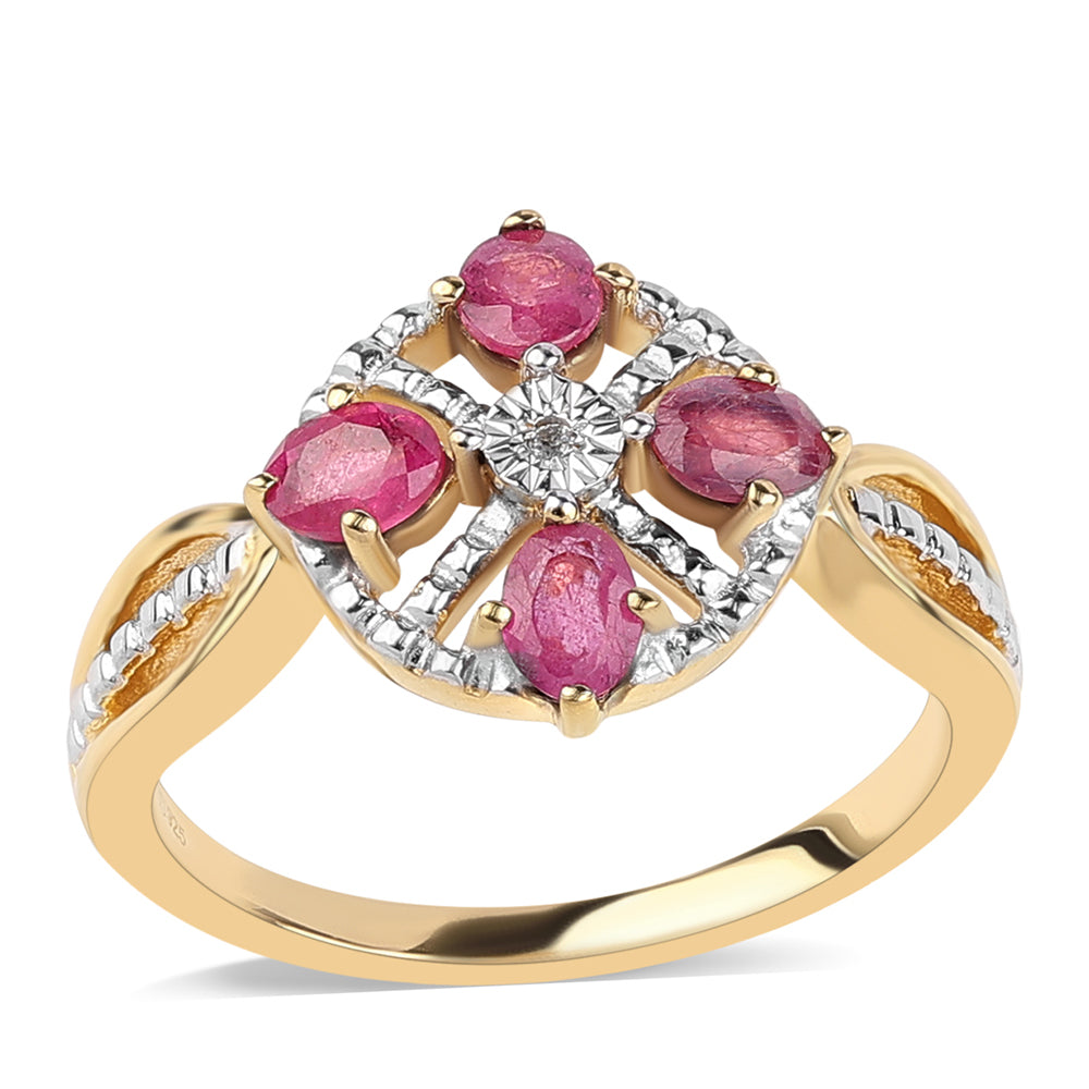 Anillo de Plata Bañada en Oro con Rubí de Mozambique y Topacio Blanco