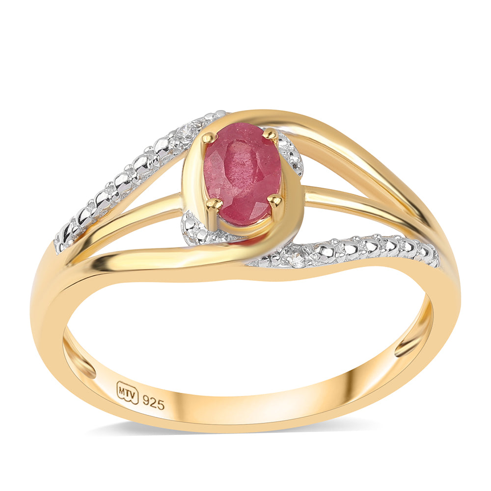 Anillo de Plata Bañada en Oro con Rubí de Mozambique y Topacio Blanco 1 