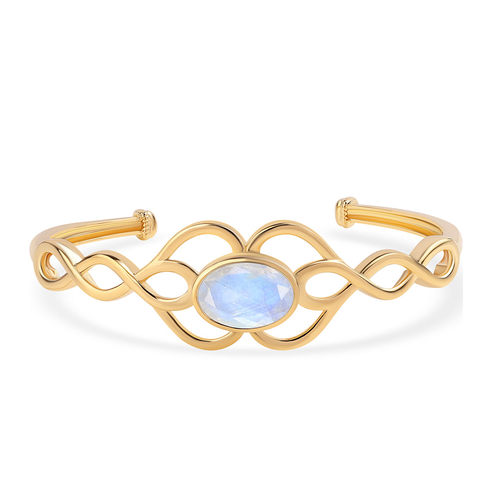 Brazalete de Plata Bañada en Oro con Piedra de Luna de arcoiris AA