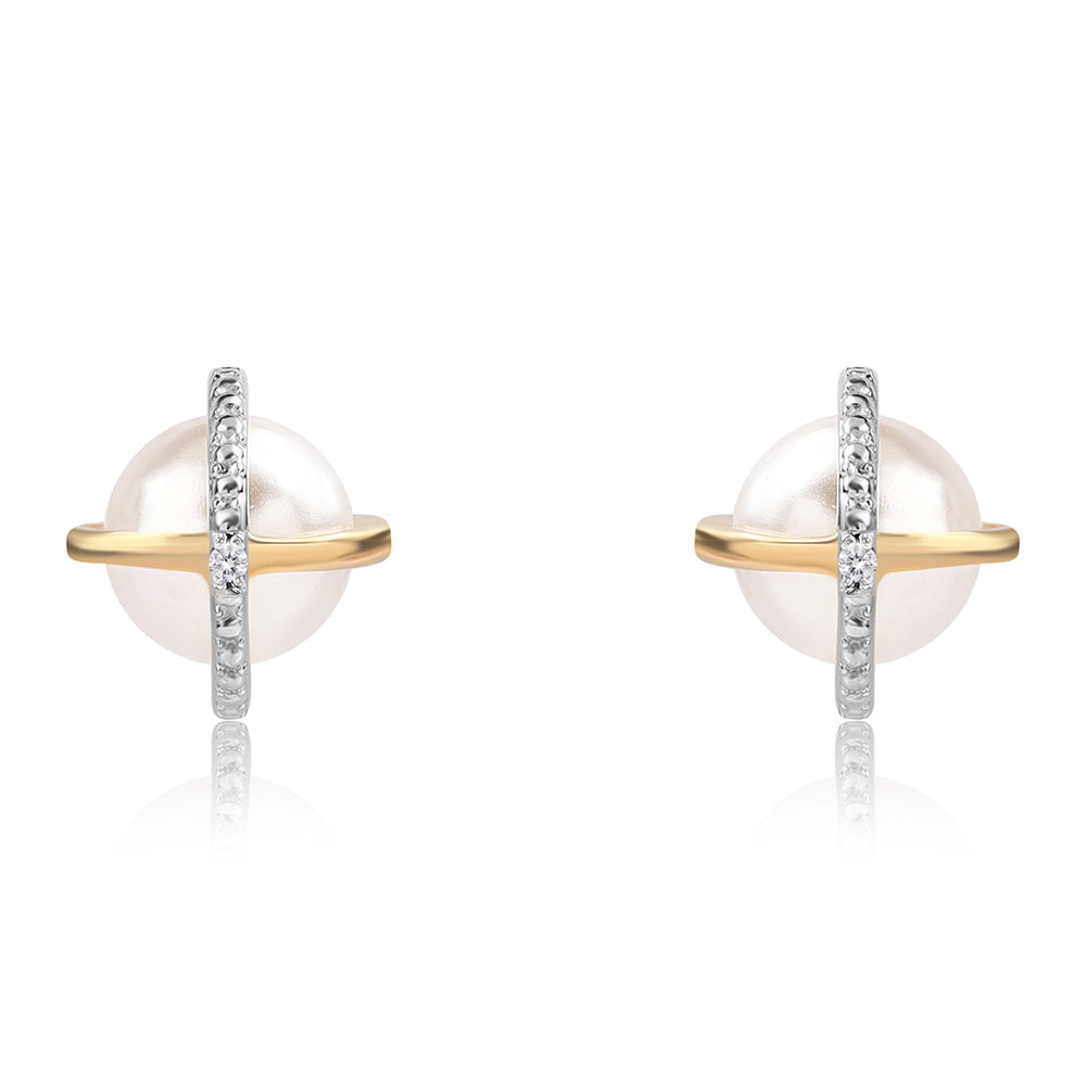 Conjunto de Plata Bañada en Oro con Perla blanca de agua dulce y Topacio Blanco ( Pendientes +Anillo +Colgante )
