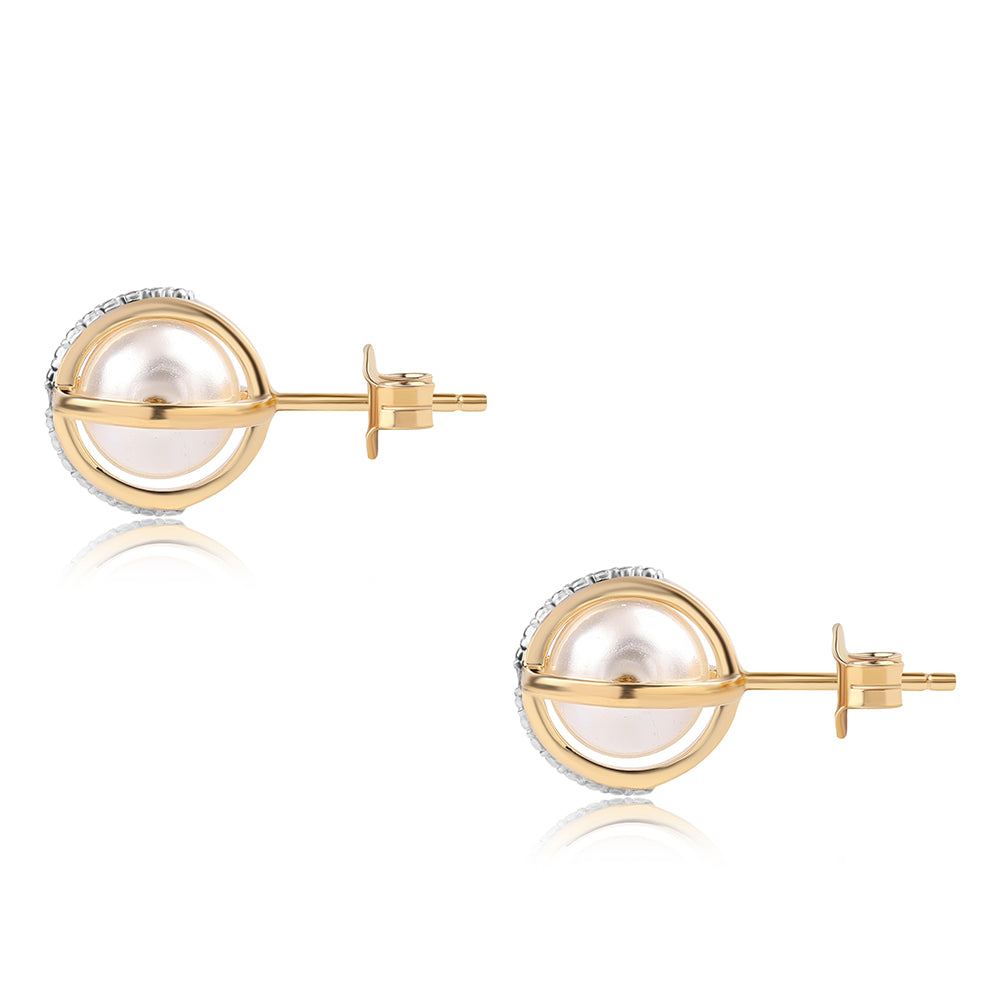 Conjunto de Plata Bañada en Oro con Perla blanca de agua dulce y Topacio Blanco ( Pendientes +Anillo +Colgante ) 6 
