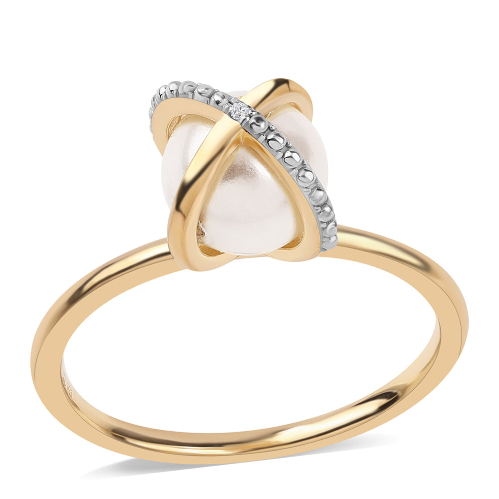Conjunto de Plata Bañada en Oro con Perla blanca de agua dulce y Topacio Blanco ( Pendientes +Anillo +Colgante ) 7 