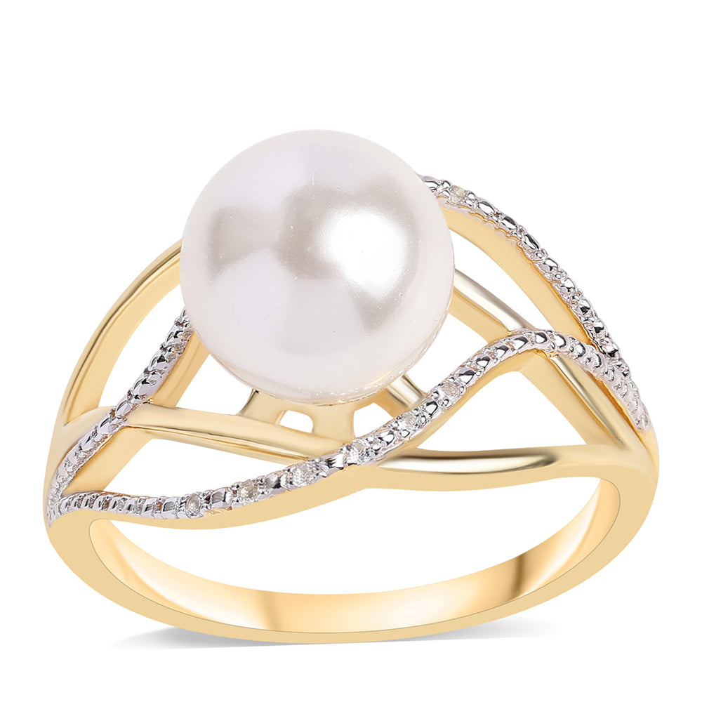 Anillo de Plata Bañada en Oro con Perla blanca de agua dulce y Topacio Blanco