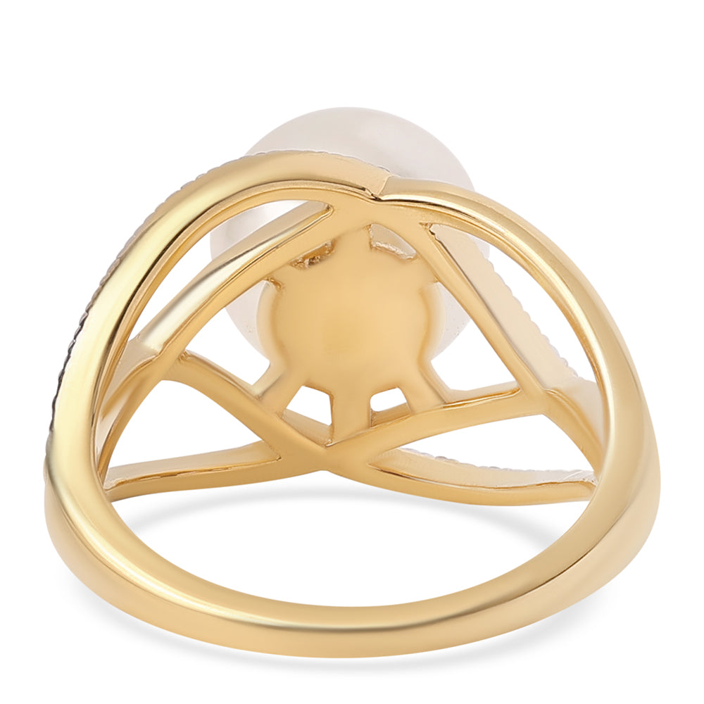 Anillo de Plata Bañada en Oro con Perla blanca de agua dulce y Topacio Blanco 2 