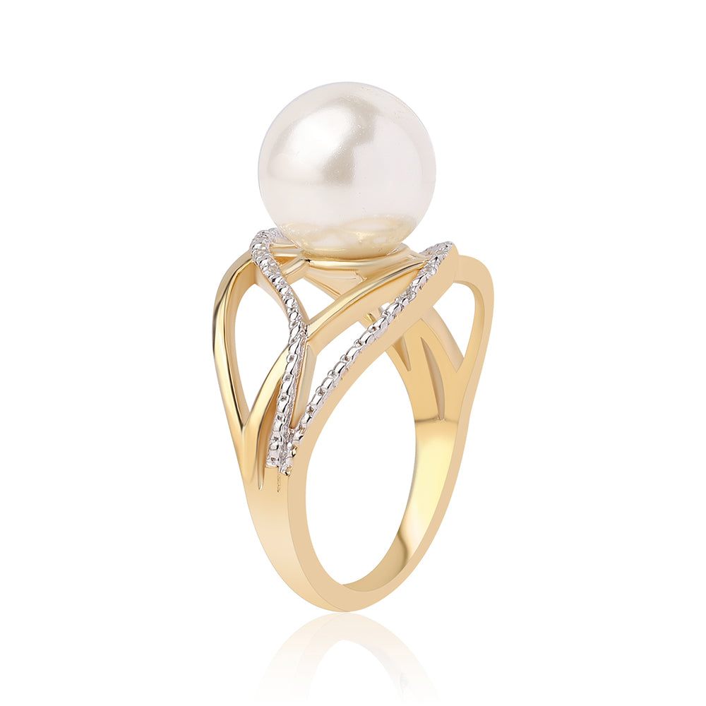 Anillo de Plata Bañada en Oro con Perla blanca de agua dulce y Topacio Blanco 3 