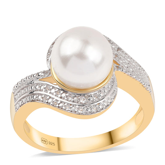 Anillo de Plata Bañada en Oro con Perla blanca de agua dulce y Topacio Blanco