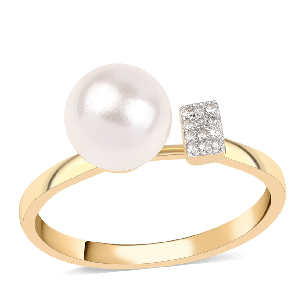 Anillo de Plata Bañada en Oro con Perla blanca de agua dulce y Topacio Blanco