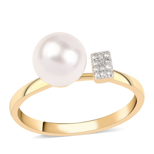 Anillo de Plata Bañada en Oro con Perla blanca de agua dulce y Topacio Blanco