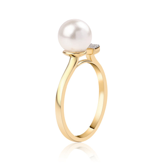 Anillo de Plata Bañada en Oro con Perla blanca de agua dulce y Topacio Blanco