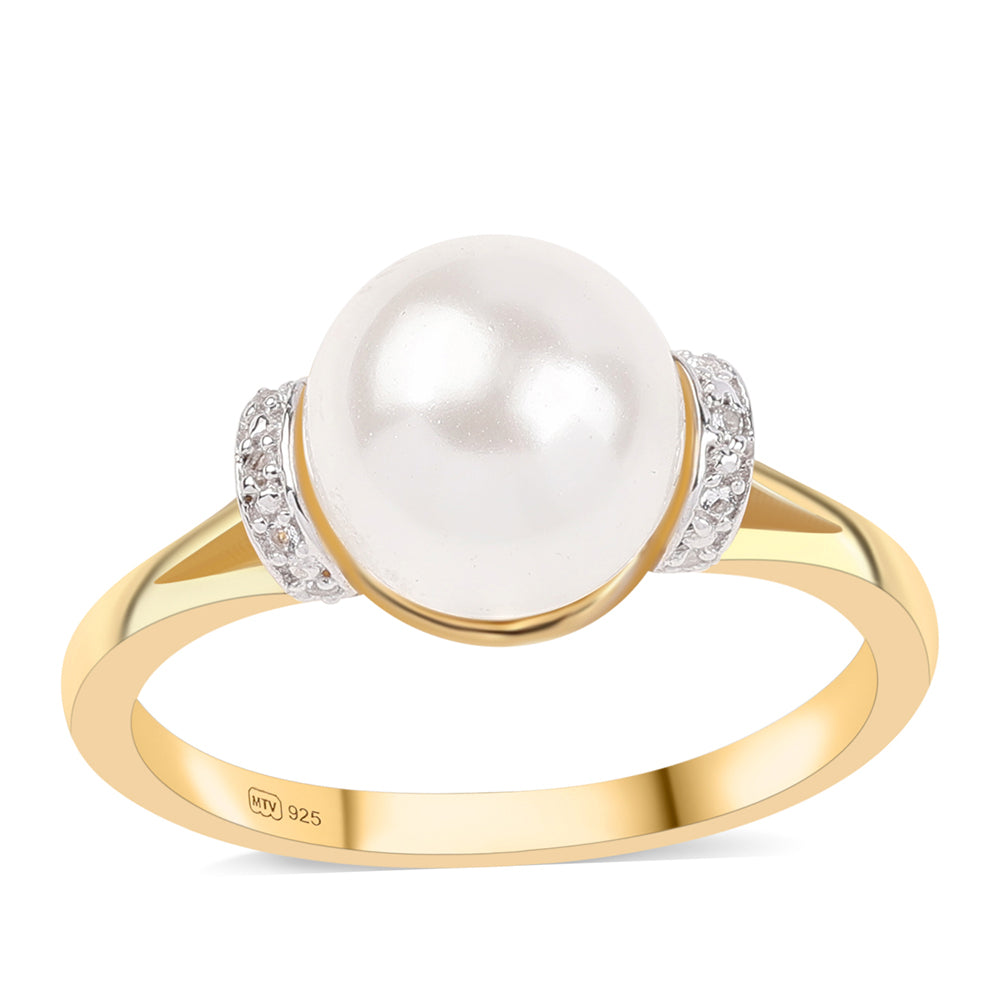 Anillo de Plata Bañada en Oro con Perla blanca de agua dulce y Topacio Blanco