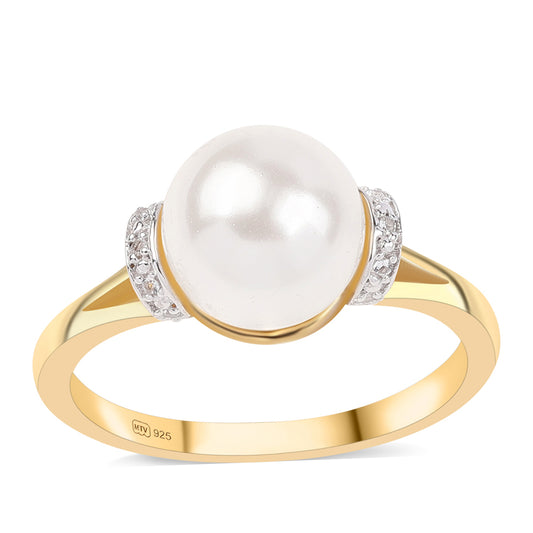 Anillo de Plata Bañada en Oro con Perla blanca de agua dulce y Topacio Blanco