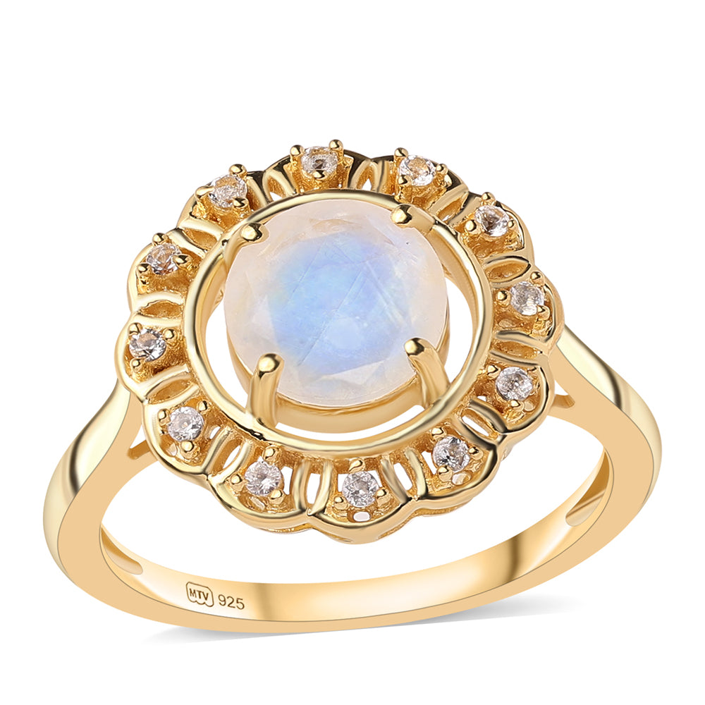 Anillo de Plata Bañada en Oro con Piedra de Luna de arcoiris AA y Topacio Blanco 1 