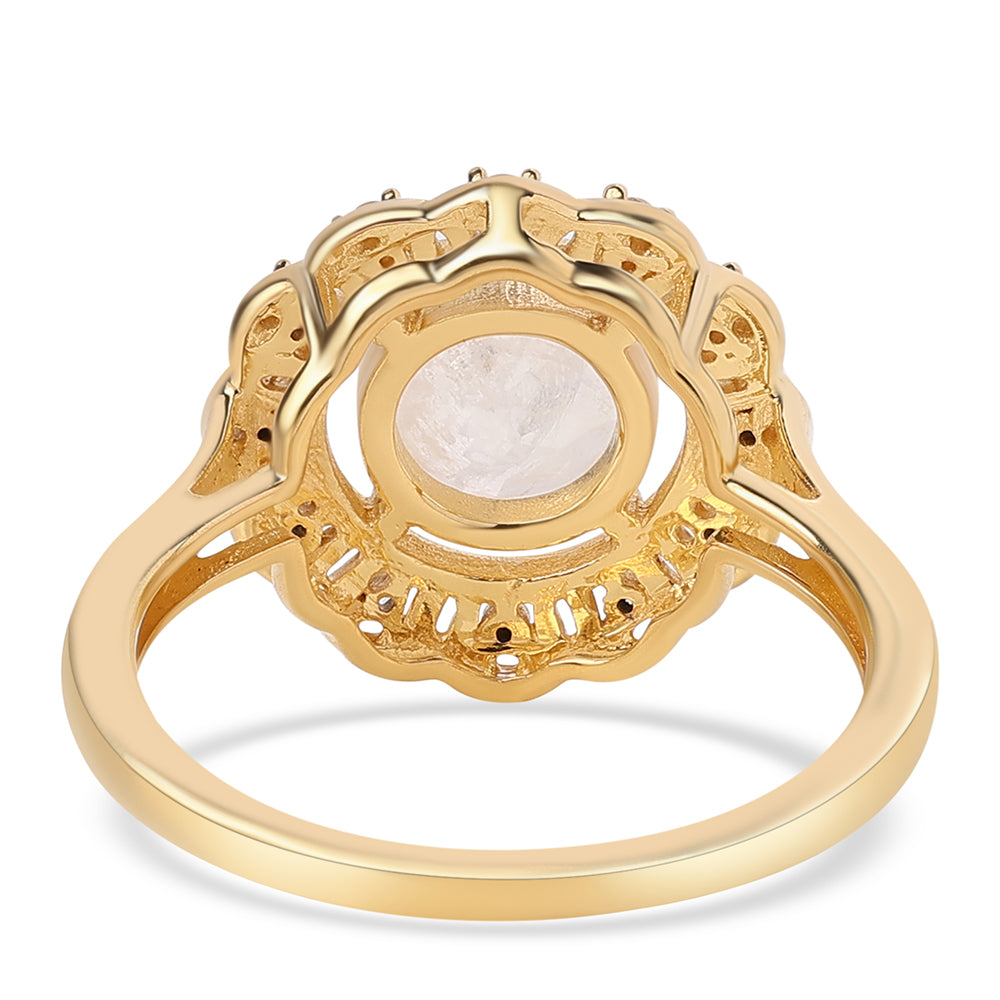 Anillo de Plata Bañada en Oro con Piedra de Luna de arcoiris AA y Topacio Blanco 2 