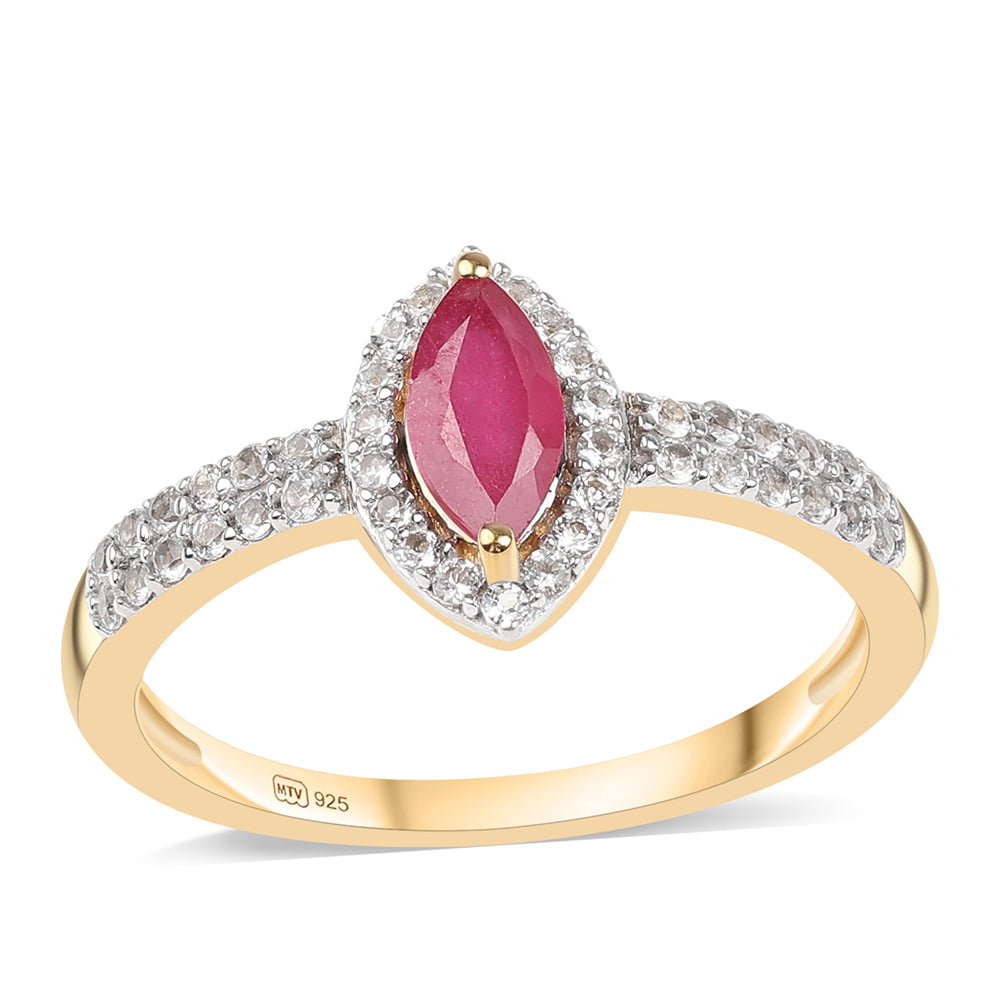 Anillo de Plata Bañada en Oro con Rubí de Mozambique y Topacio Blanco 1 