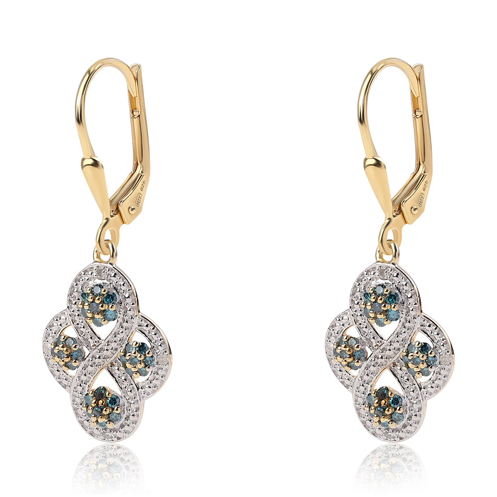 Pendientes de Plata Bañada en Oro con Diamante Azul y Diamante blanco