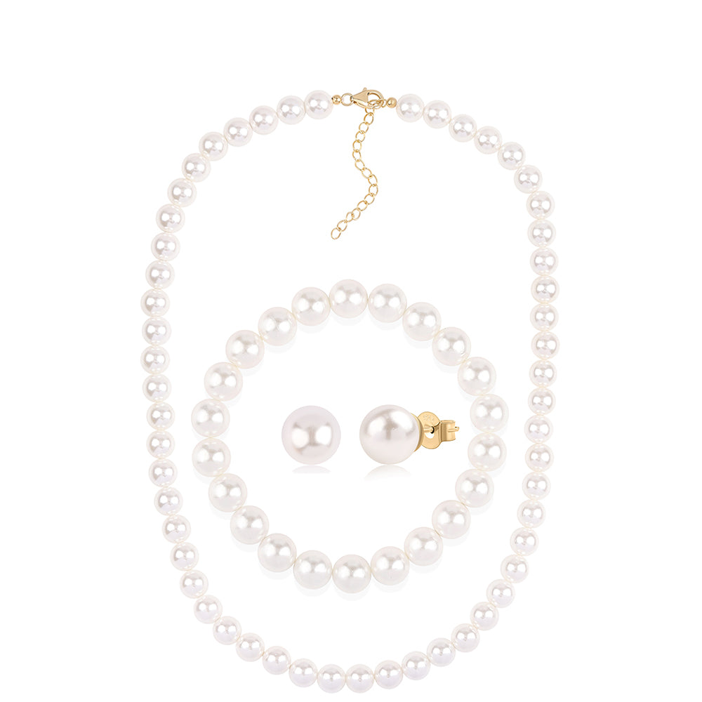 Conjunto de Plata Bañada en Oro con Perla blanca de agua dulce ( Collar +Pendientes +Pulsera ) 1 