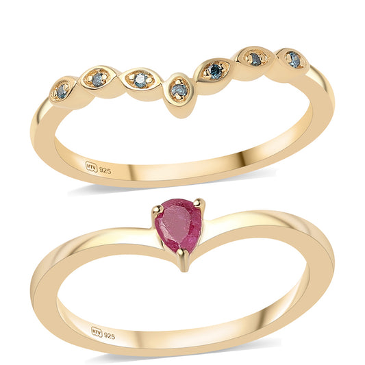 Conjunto de Plata Bañada en Oro con Rubí de Mozambique y Diamante Azul ( Anillo )