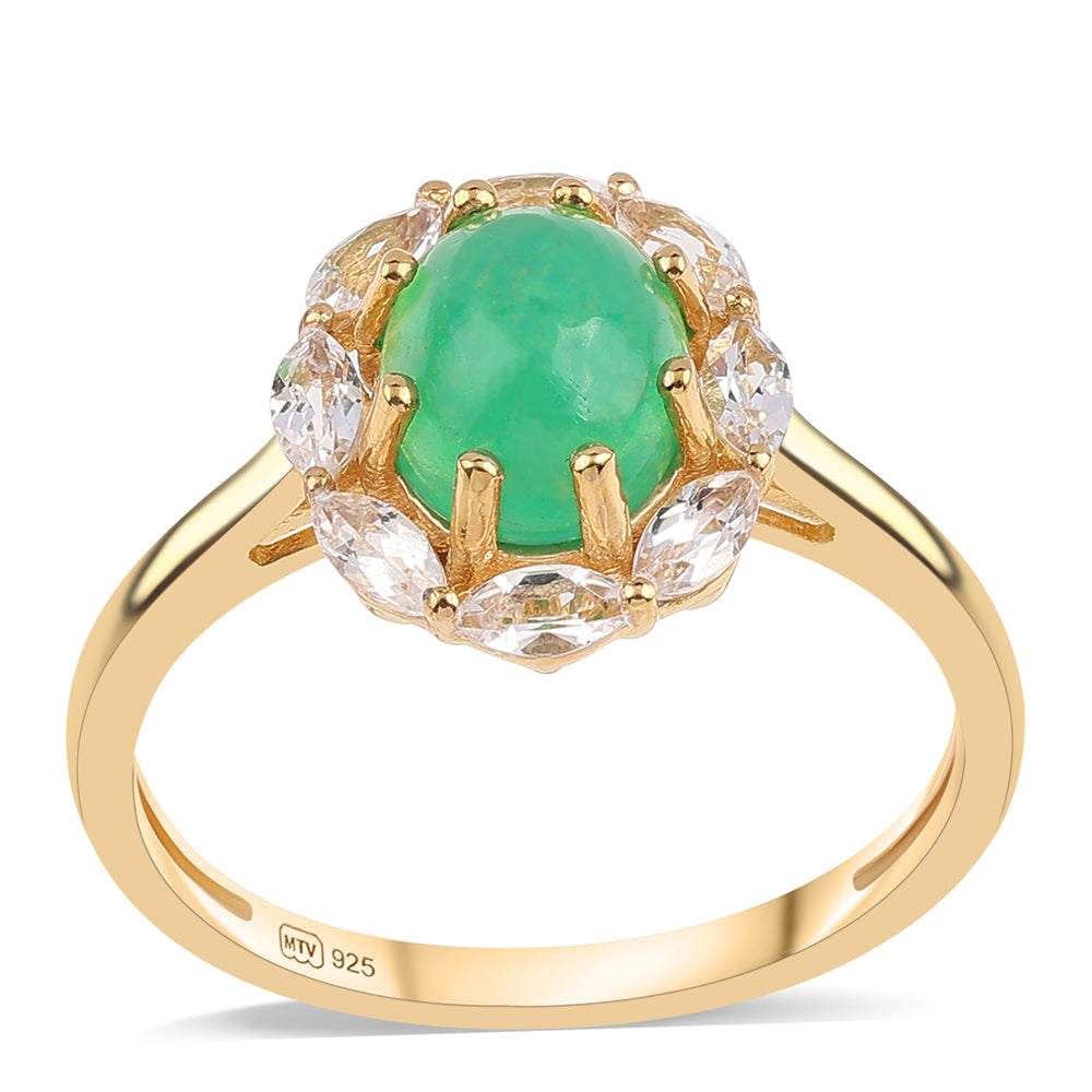 Anillo de Plata Bañada en Oro con Ópalo Verde Etíope de Lega Dembi y Topacio Blanco 1 