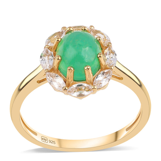 Anillo de Plata Bañada en Oro con Ópalo Verde Etíope de Lega Dembi y Topacio Blanco