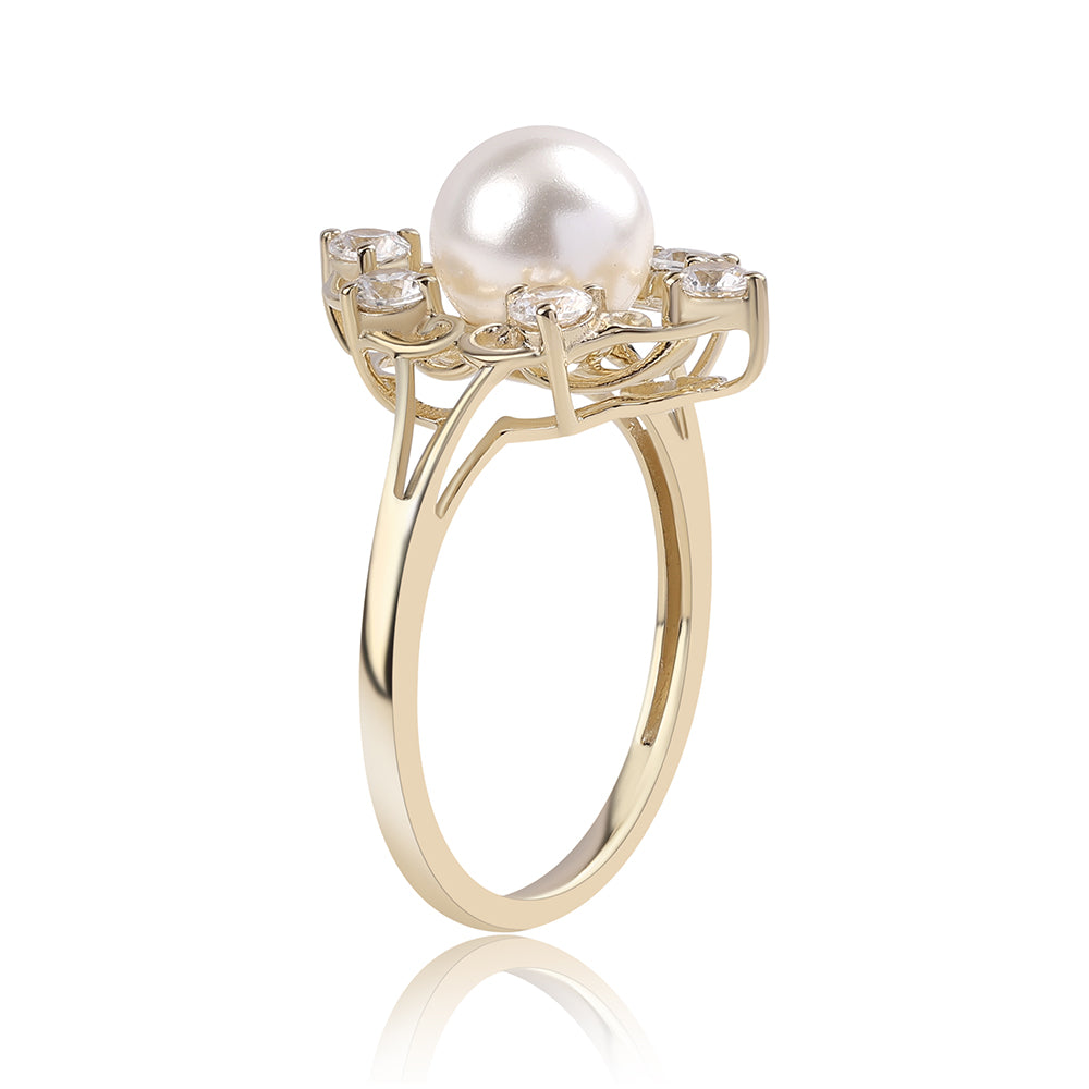 Anillo de Oro 9K con Perla blanca de agua dulce y Zircón Blanco 3 