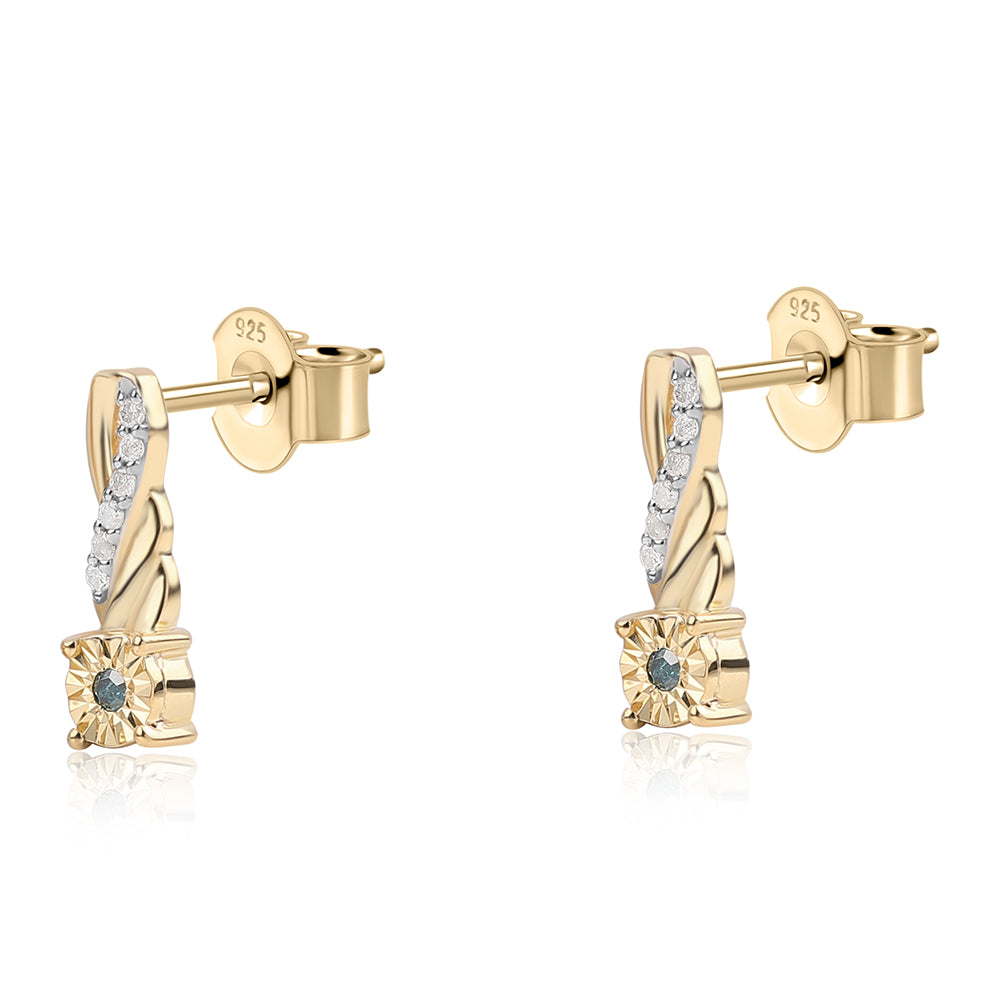 Pendientes de Plata Bañada en Oro con Diamante Azul y Diamante blanco 2 