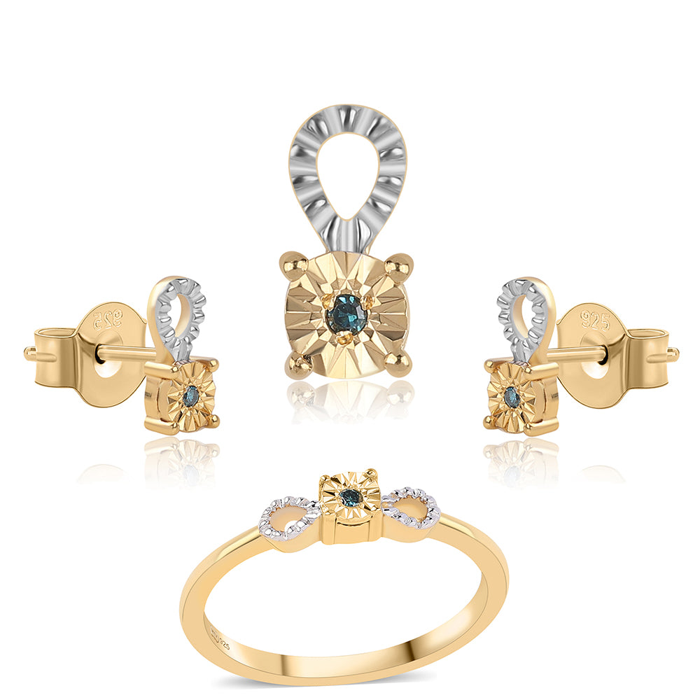 Conjunto de Plata Bañada en Oro con Diamante Azul ( Pendientes +Anillo +Colgante ) 1 