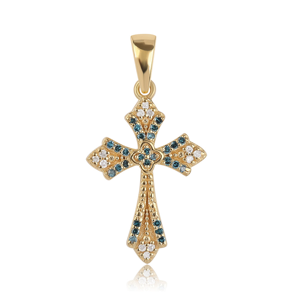 Cruz Colgante de Plata Bañada en Oro con Diamante Azul y Diamante blanco 1 