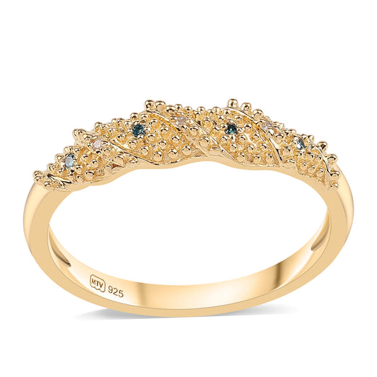 Anillo de Plata Bañada en Oro con Diamante Azul y Diamante blanco