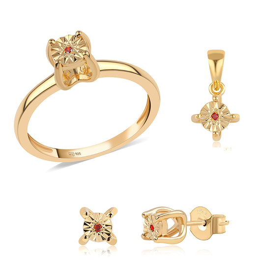 Conjunto de Plata Bañada en Oro con Diamante Rojo ( Pendientes +Anillo +Colgante )