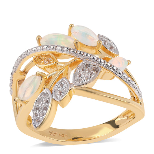 Anillo de Plata Bañada en Oro con Ópalo Etíope de Lega Dembi y Topacio Blanco