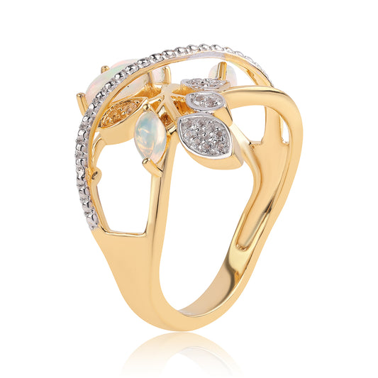 Anillo de Plata Bañada en Oro con Ópalo Etíope de Lega Dembi y Topacio Blanco