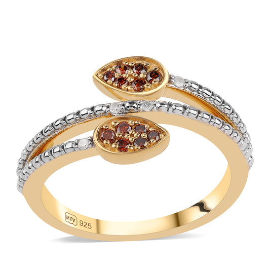 Anillo de Plata Bañada en Oro con Diamante Rojo y Diamante blanco