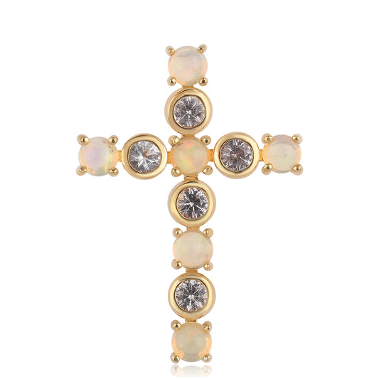 Cruz Colgante de Plata Bañada en Oro con Ópalo Etíope de Lega Dembi y Topacio Blanco