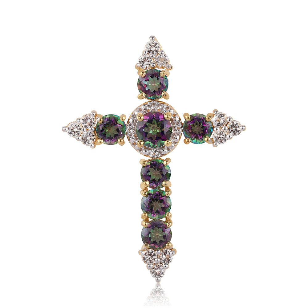 Cruz Colgante de Plata Bañada en Oro con Topacio Místico y Topacio Blanco