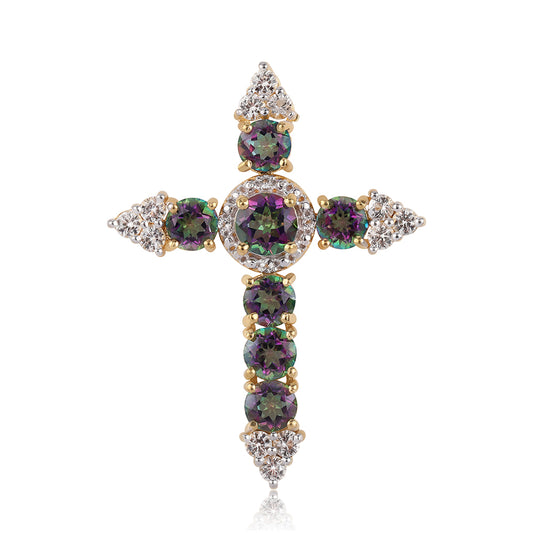 Cruz Colgante de Plata Bañada en Oro con Topacio Místico y Topacio Blanco