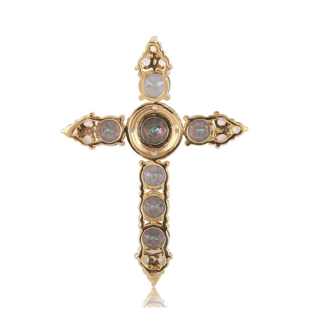 Cruz Colgante de Plata Bañada en Oro con Topacio Místico y Topacio Blanco 3 