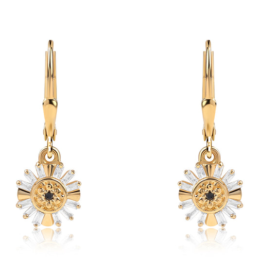 Pendientes de Plata Bañada en Oro con Diamante Negro y Topacio Blanco