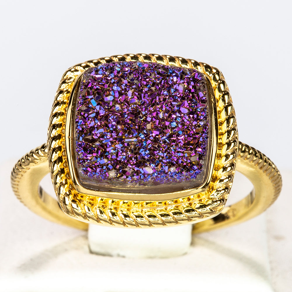 Anillo de Plata Bañada en Oro con Drusa Purpura 5 
