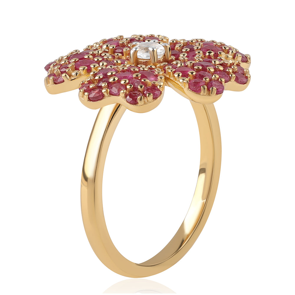 Anillo de Plata Bañada en Oro con Rubí de Mozambique y Topacio Blanco 2 