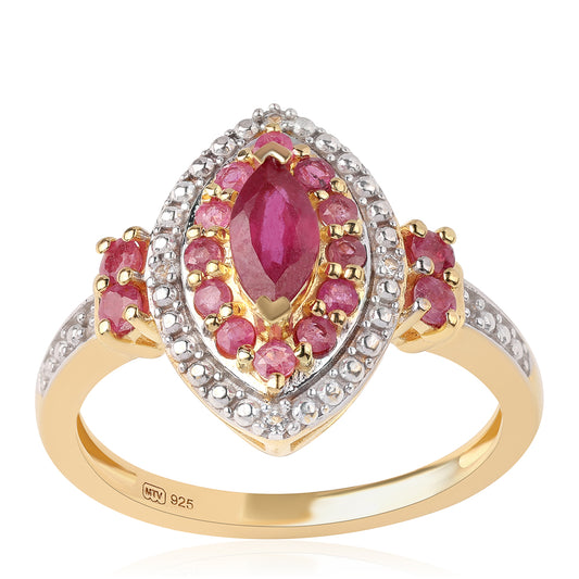 Anillo de Plata Bañada en Oro con Rubí de Mozambique y Topacio Blanco