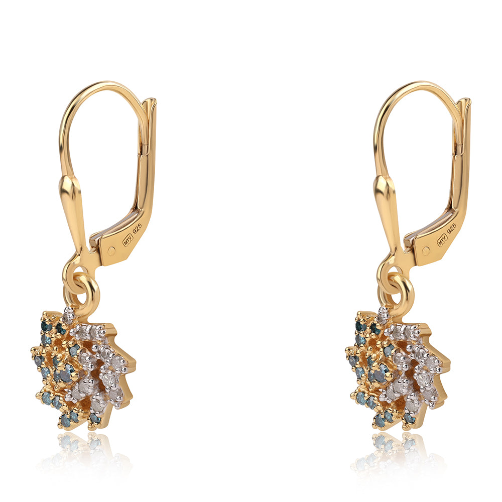 Pendientes de Plata Bañada en Oro con Diamante Azul y Diamante blanco 2 
