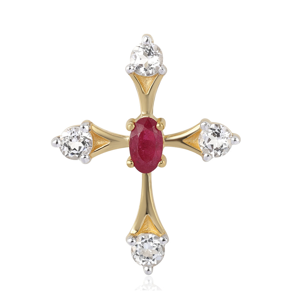 Cruz Colgante de Plata Bañada en Oro con Rubí de Mozambique y Topacio Blanco