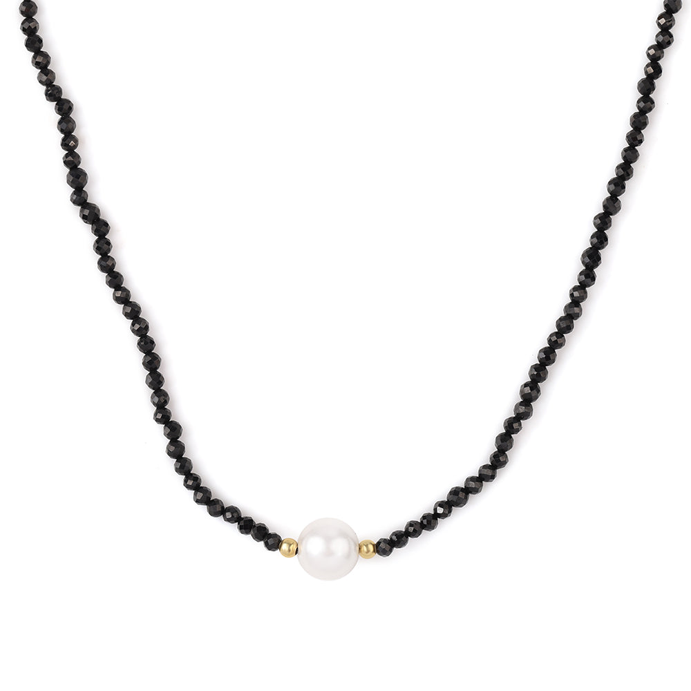Collar de Plata Bañada en Oro con Espinela Negra y Perla blanca de agua dulce 1 