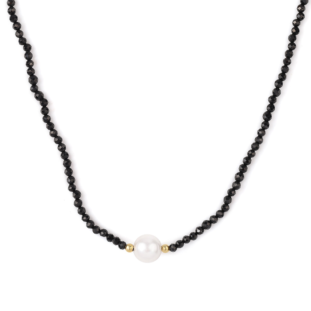 Collar de Plata Bañada en Oro con Espinela Negra y Perla blanca de agua dulce 4 