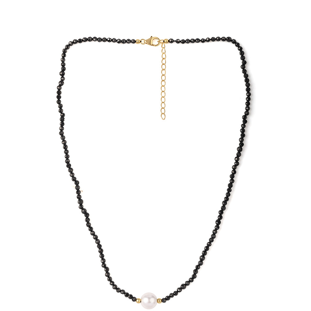 Collar de Plata Bañada en Oro con Espinela Negra y Perla blanca de agua dulce 5 