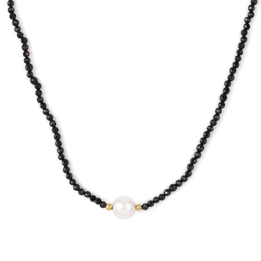Collar de Plata Bañada en Oro con Espinela Negra y Perla blanca de agua dulce