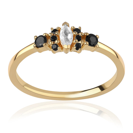 Anillo de Plata Bañada en Oro con Espinela Negra y Topacio Blanco