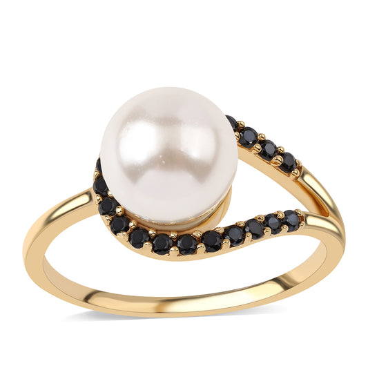 Anillo de Plata Bañada en Oro con Espinela Negra y Perla blanca de agua dulce